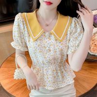 [COD] Contrasting doll collar short-sleeved floral womens summer dress 2022 new waist slimming short top