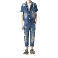 Mens Summer Ripped Denim Jumpsuit Short Sleeve Jumpsuit Casual Comfortable Hip Hop Jeans Ripped Jeans Cargo Pants Street Pants