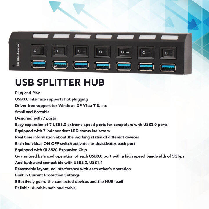 ฮับ-usb-3-0ตัวปลั๊กแอนด์เพลย์ที่แยก-usb-7พอร์ตมีความเสถียร-usb1-1-usb2-0มีอินดิเคเตอร์-led-ขนาดกะทัดรัดสำหรับกล้องสำหรับวินโดวส์เอกซ์พีวิสต้า