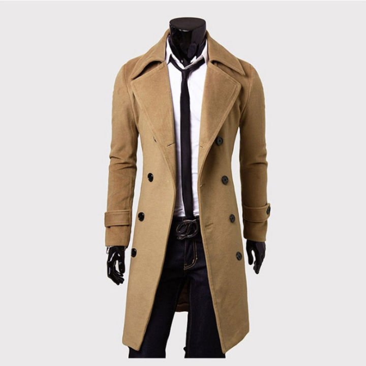 เสื้อแจ็คเก็ตยาวกระดุมสองแถวเสื้อฝนของผู้ชายโค้ทสลิมยาว