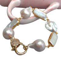 KKGEM luxury natural Reborn keshi Pearl Cultured White Rectangle Pearl Wrap Bracelet Cz Pave Lobster Clasp