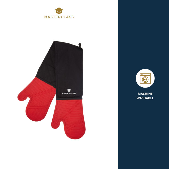masterclass-seamless-waterproof-and-heat-proof-silicone-double-oven-glove-with-cotton-sleeve-red-ถุงมือซิลิโคนสำหรับเตาอบ