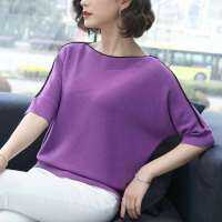 2022 Splicing Striped Batwing Half Sleeve Women Thin Pullovers Loose Purple Knitted Tshirt Femme Slash Neck Elastic Elegant Tops