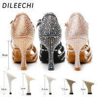 DILEECHI Rhinestone รองเท้าเต้นรำละตินผู้หญิง Salsa รองเท้าบอลรูมคิวบาส้นสูง9ซม. Waltz ซอฟต์แวร์รองเท้าขายร้อนผิว Bronze