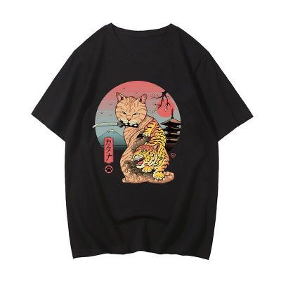 Samurai Cat T-Shirt 100% Cotton Tees Japanese Style Tshirt Summer Short Sleeve Clothes Graphic Printing Tshirt Men T Shirt