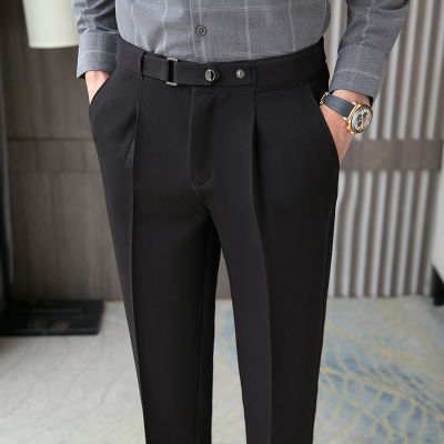 2023Man กางเกงสูทบางสบายๆธุรกิจกางเกงแฟชั่นผู้ชายชุดแต่งงานอย่างเป็นทางการกางเกงถนนสวมชายเสื้อผ้าสีดำสีเทา
