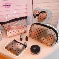 Tas Kosmetik เครื่องใช้ในห้องน้ำท่องเที่ยวตาข่ายจุดดำอินเทรนด์แบบพกพาโปร่งใสถุงซิปสำหรับเก็บของความจุขนาดใหญ่