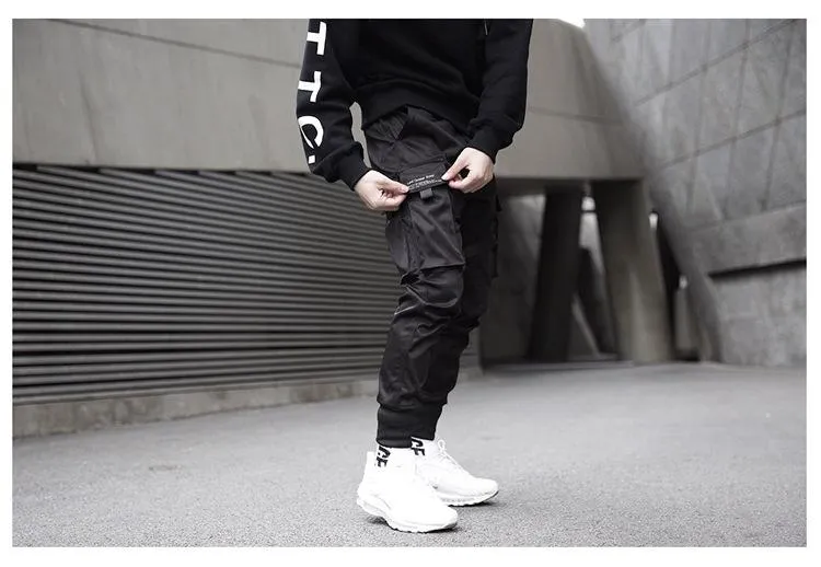 Hip Hop Cargo Pants Men Functional Loose Jogger Men Trousers Streetwear  Ribbons | eBay