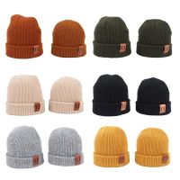 【YD】 Baby Knit Hat for Boys Warm Kids Beanie Adult Children Parent-Child Hats Newborn Cap with Leather Label