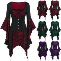 【YF】 Female Devil Dress Halloween Lace Stitching Mini Vestido Gothic Square Neck Ruffle Bell Sleeve Button Skull Платье