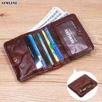 Genuine Leather Wallet For Women Men Vintage Short Slim Small Bifold Womens Purse Card Holder With Zipper Coin Pocket ID Window