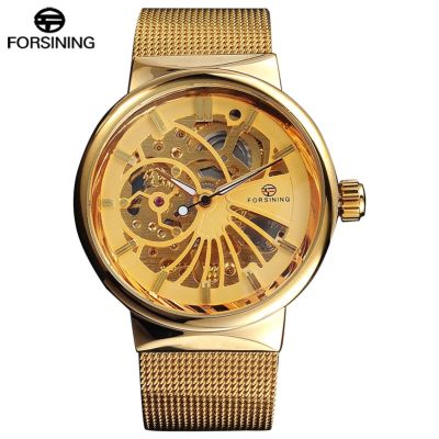 FORSINING Classic Fashion Mens Watches Skeleton Design Stainless Steel Gold Color Mechanical Hand Wind Watch Men Luxury Clock