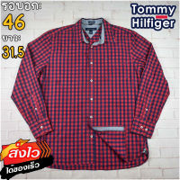 Tommy Hilfiger®แท้ อก 46 เสื้อเชิ้ตผู้ชาย ทอมมี่ ฮิลฟิกเกอร์ สีแดง เสื้อแขนยาว เนื้อผ้าดี