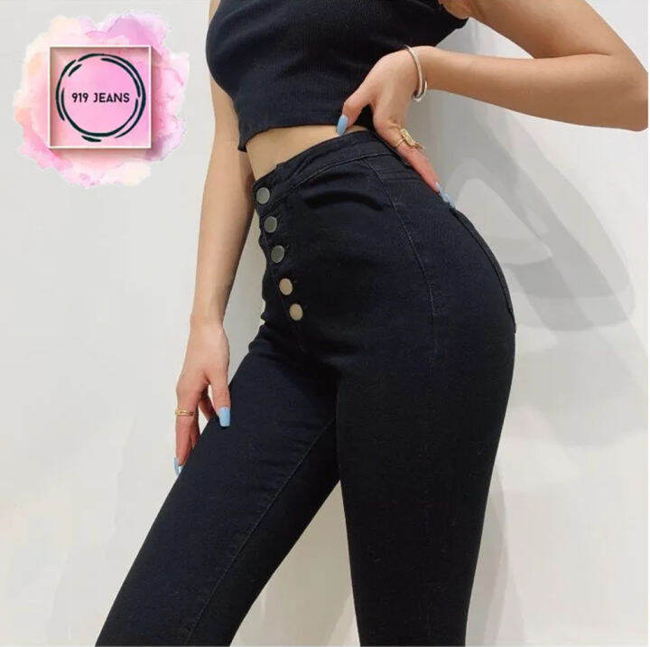 919 Jeans Korean High Waist Black 5 Buttons Jeans For Womens Skinny And Strechable Cod Lazada Ph 4579