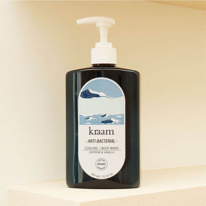 kraam-คราม-เจลอาบน้ำ-สูตรเย็นสดชื่นและช่วยลดแบคทีเรีย-anti-bacterial-cooling-body-wash-caffeine-amp-vanilla-450ml