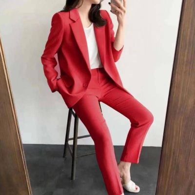 Women Single botton Work Blazer Suits OL Pants Suit Notched Blazers Jackets With Trouser Two Pieces Set Red Pink GREEN