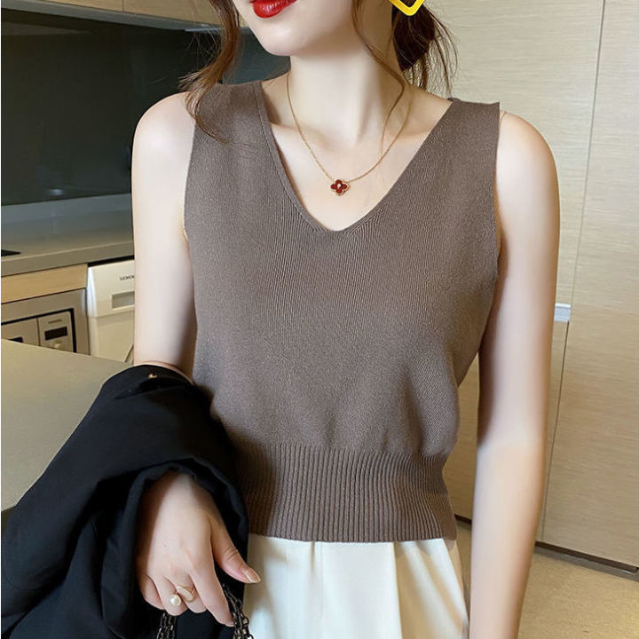 Ice Silk Tops for Women Sleeveless Blouses Halter Plain Tshirts