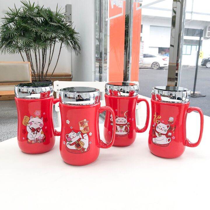 450ml-festive-lucky-cat-mirror-ceramic-mug-creative-leak-proof-mug-sealed-lid-with-handle-coffee-mug-cute-cartoon-cat-mug