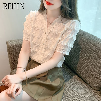 REHIN เสื้อลูกไม้คอวีขนาดเล็กใหม่ฤดูร้อนสำหรับผู้หญิง,เสื้อเสื้อผู้หญิงแขนสั้นกระดุมแถวเดียวมีกลิ่นหอม