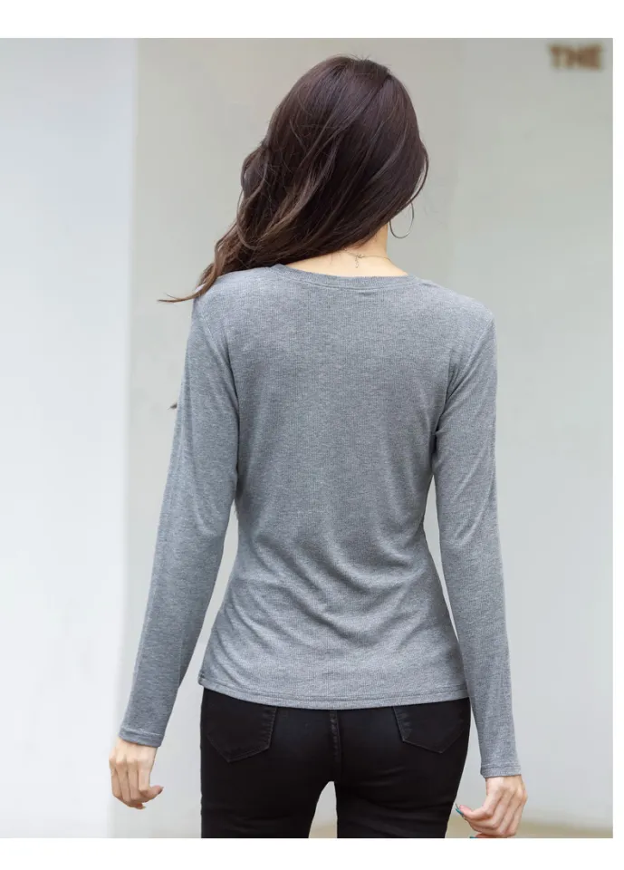 Womens Long Sleeve T-Shirt V-Neck Tee Slim Elastic Blouse Bottoming Shirt