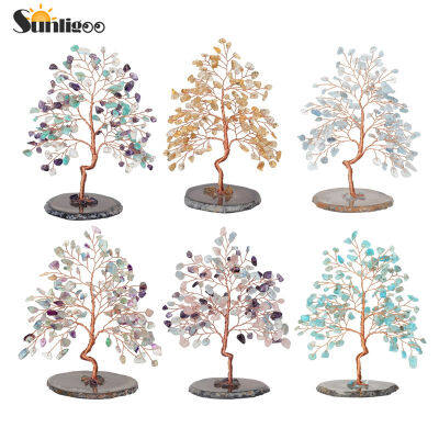 Sunligoo Crystal Money Tree Ornament W Agate Slice Bases Reiki Healing Feng Shui Trees Gemstone Tree For Office Home Desk Decor