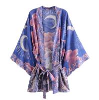 Bohemian Women Blue Space Moon Flower Print Kimono Shirt BOHO Beach Tide Bow Sashes Maxi Long Cardigan Blouse Holiday Tops