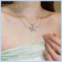 CONGYIYIMO07 2pcs สองชั้น สร้อยคอผีเสื้อ จี้คริสตัลห้อย สีเงินสี สร้อยคอสำหรับผู้หญิง ของขวัญสำหรับเด็ก เงางาม โซ่กระดูกไหปลาร้า สำหรับผู้หญิง