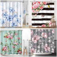 Floral Shower Curtains Blue Pink Watercolour Flowers Plants Butterfly Modern Simple Polyester Fabric Bathroom Decor With Hooks