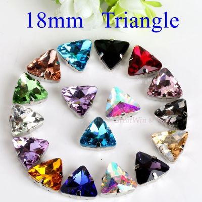 18mm 10pcs/pack Triangle Shape Glass Sew On Rhinestone With Claw Strass Metal Base Buckle Crystal Stone Diamond For Clothes