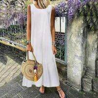 Cotton Linen Sleeveless Dress for Women Summer Pullover Skirt Vestidos Fashion Female Clothing Short Sleeved Loose Long Dress