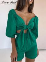 Cotton Linen Women Crop Top With Shorts Set  Summer New V-neck Lace Up Cardigan High Waist Short Sets Ladies y Home Suit