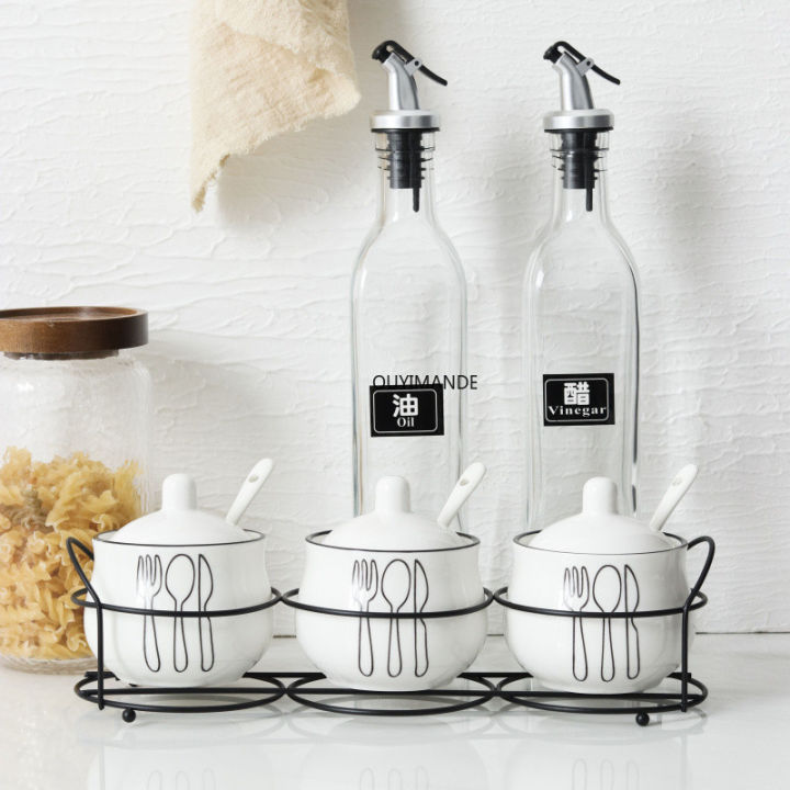 nordic-ceramic-salt-pepper-tank-set-cruet-seasoning-jar-with-iron-holder-spoon-condiment-sugar-spice-storage-box-cooking-tools