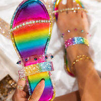 Women Rainbow Slippers Woman Crystal Transparent Slides Ladies Rivet Flats 2021 Summer Casual Mixed Color Beach Shoes Big Size