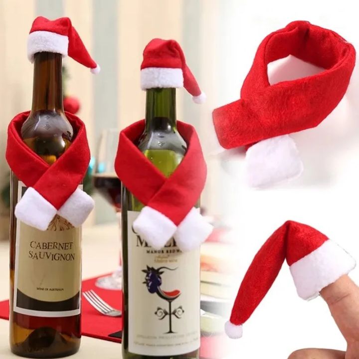 หมวกขวดไวน์คริสต์มาสแบบนอนวูฟเวนชุดผ้าพันคอ-มินิหมวกซานต้าสีแดง5ชุดสำหรับแชมเปญปลอกห่อขวดเครื่องประดับโต๊ะปาร์ตี้วันหยุด-วันหยุด