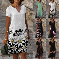 ▣❆ Basic Retro Women 39;s 2022 Fashion Flower Print Cotton Linen A-Line Skirt Short Sleeve Sexy V-Neck Elegant Mid-Length Dress