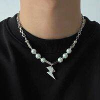 Hip-hop Choker Neck Lightning Shape Pendant Necklace for Women Men Punk Stainless Steel Chain Pearl Necklace Dropshipping Fashion Chain Necklaces