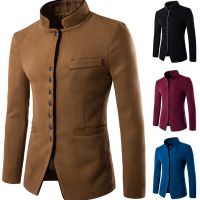 ZZOOI Men Woolen Blazer Slim Fit Coat Mens Jacket  Single-Breasted Stand-Up Collar Chinese Tunic Suit