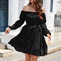 ✁❀✿ Hairball Chiffon One Shoulder Long Sleeve Belt Summer Dresses For Women 2023 Loose Casual Dress Summer Women 39;s Clothing платье