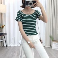 Korean Women Wooden Ear Stripes Off Shoulder Collar Knitted Crop Top