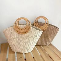 23 rattan handle hand-woven straw bag trendy simple large-capacity seaside vacation beach bag 〖WYUE〗