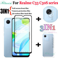 BLKNAIM (3-In-1) สำหรับ OPPO Realme C30S C33 C35 C31 C30 C25Y C21Y C11 2021 C25S เต็มรูปแบบกระจกนิรภัยป้องกันหน้าจอฟิล์มด้านหลังกล้องฟิล์มแก้ว + เลนส์กล้องฟิล์ม + 3D ฟิล์มคาร์บอนไฟเบอร์