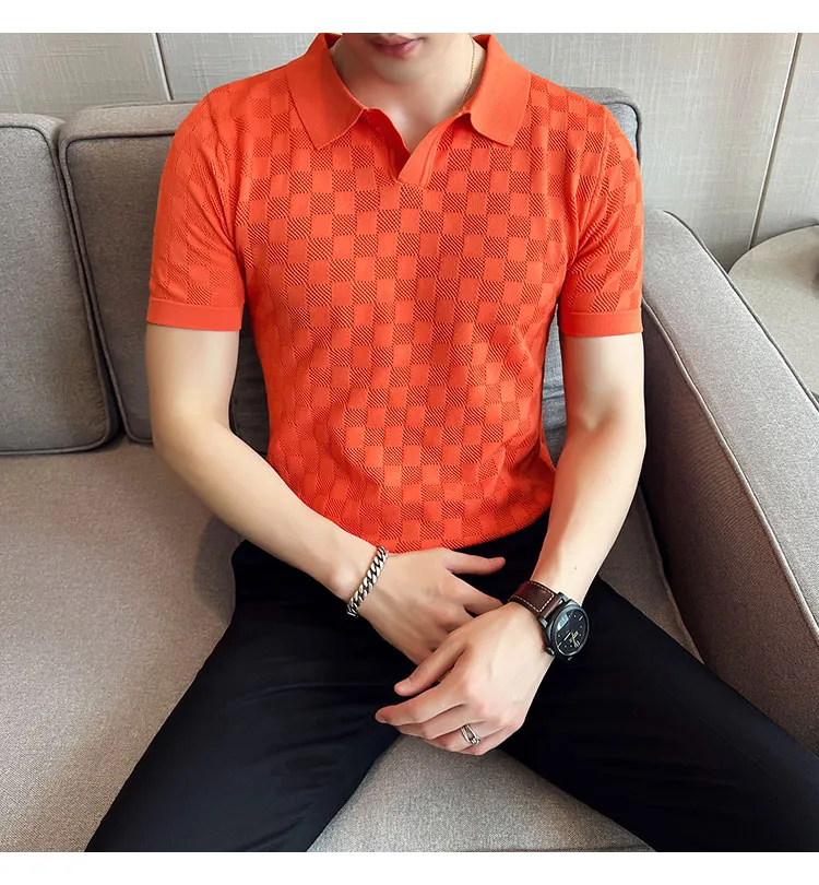 Men Transparent Mesh Knitted Polo Shirt 2022 Summer Short Sleeve V-Neck  Hollow Tee Tops Male Casual Plaid Elastic Polo Shirts