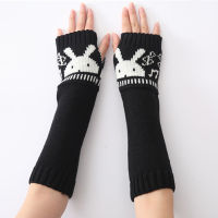 Winter Women Warm Cute cartoon rabbit Sleeves Mittens Female Acrylic Stretch Knit Half Finger Fingerless Arm Warmers Gloves C80