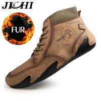 JICHI Winter Men Boots Fashion Ankle Leather Men Shoes Warm Plush Winter Snow Mens Casual Shoes Comfortable Light Big Size 48