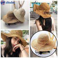 ZHUBO สุภาพสตรีสุภาพสตรี พับได้ แฟชั่นผู้หญิง หมวกชาวประมง Floppy Derby Hat ถังทอมือ หมวกชายหาดฟาง หมวกกันแดด