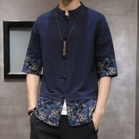 【CW】 Chinese Top Man Tang Half Sleeve Hanfu Shirt Patchwork Male Asian T KK3433