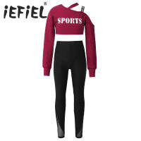 Kids Girls Sports Suit Asymmetric Shoulder Single Straps Letters Print Crop Tops with Pants Set for Running Gym Dance Exercise