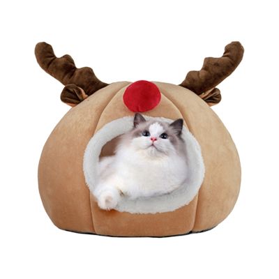 Christmas Warm Cave Cat Bed สำหรับแมวในร่ม Self-Warming เตียง Calming Fluffy Reindeer เต็นท์บ้านสุนัขขนาดเล็กด้านล่างกันลื่น