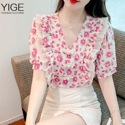 YIGE Tunic top 2023 summer new French sweet temperament puff sleeves ruffled floral blouse women