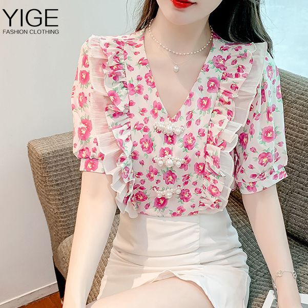 yige-tunic-top-2023-summer-new-french-sweet-temperament-puff-sleeves-ruffled-floral-blouse-women